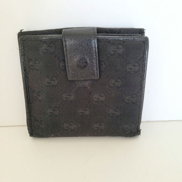 GUCCI GG Logo Plate Canvas Leather Card Bil Wallet Medium Monogram Bifold Black - Picture 2 of 14
